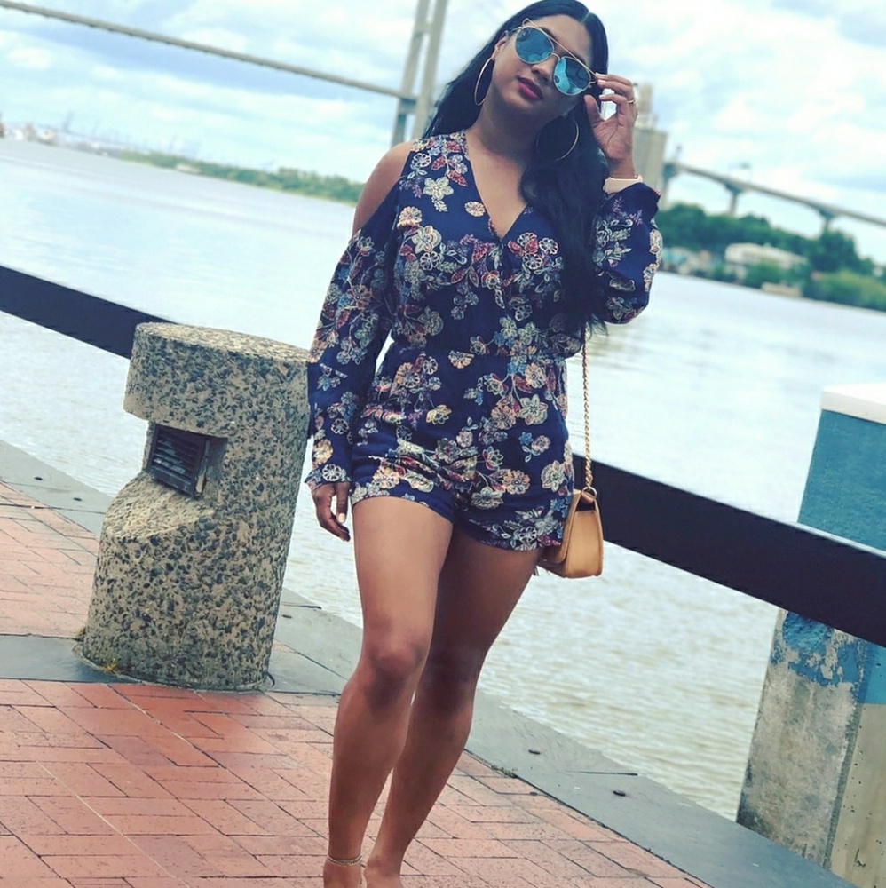 Floral Open Shoulder, Bell Sleeve Romper